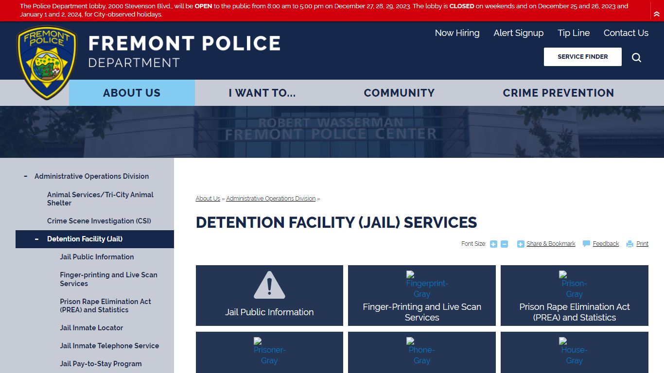 Detention Facility (Jail) Services | Fremont Police Department, CA